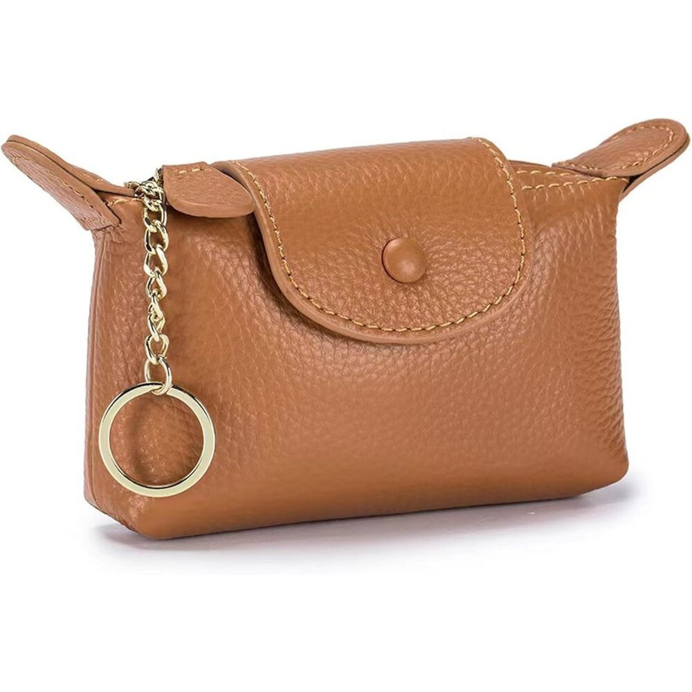 Womens Fashionable Leather Wallet Key Chain Zipper Pouch Classic Money Brown Bag